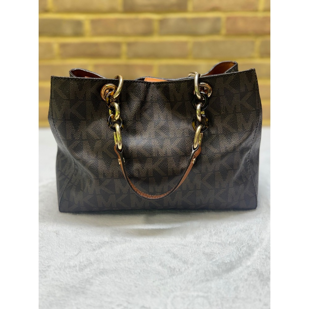 Michael Kors Cynthia Medium Satchel Brown MK Logo Tote Bag purse 30S3TCYS2B - Picture 4 of 9